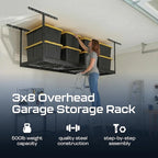 SafeRacks 3x8 Overhead Garage Storage Rack - 500 Pound Weight Capacity Height Adjustable Steel Ceiling-Mounted Rack with Accessories (Hammertone) (24"-45")