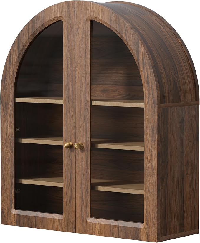 Brown Arched Wall Cabinet, Large Wood Bathroom Medicine Cabinet Wall Mounted Cupboard, Modern Floating Storage Cabinet with Acrylic Door Adjustable Shelf, Wood Organizer (Brown-Oak)