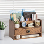Brown Wood Desk Organizer and Accessories with Drawer, Bill Mail Organizer and File Mail Holder for Office Supplies, Desk Accessories & Workspace Organizers