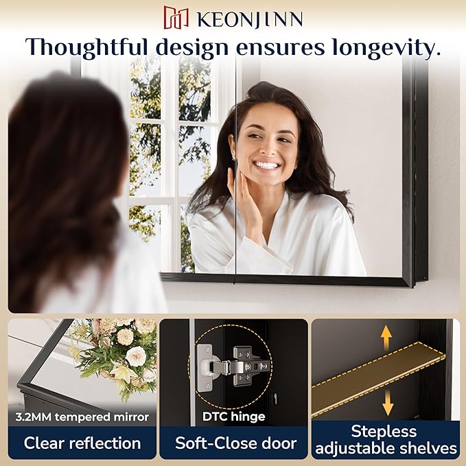 Keonjinn Medicine Cabinet Mirror 40" x 32", Assembly Needed, Black Medicine Cabinet with Mirror for Bathroom, Beveled Framed, Stepless Adjustable Shelves, Wall-Mounted or Recessed, Tempered Glass