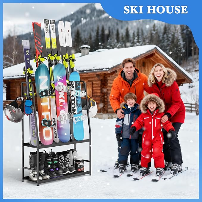 Ski Rack for Garage,Freestanding Snowboard Rack for Ski,Snowboard, Ski Boot,Poles, Goggles, Helmet and More, Heavy Duty Steel Floor Stand Ski Organizer for Garage Basement