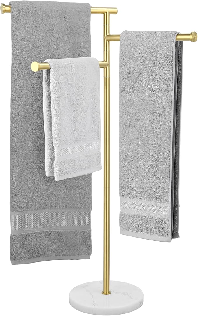 KES Brushed Gold 40-Inch Freestanding Towel Racks for Bathroom with Weighted Natural Marble Base, 3 Swivel Arms Bath Floor Free Standing Towel Racks, 18/8 Stainless Steel, BTH219-BZ