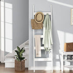Blanket Ladder, 5-Tier Towel Holder with 4 Removable Hooks, Farmhouse Wall Leaning Decorative Rack Shelf, Wooden Towel Display Rack, Quilt Ladder for Living Room, Bedroom, White