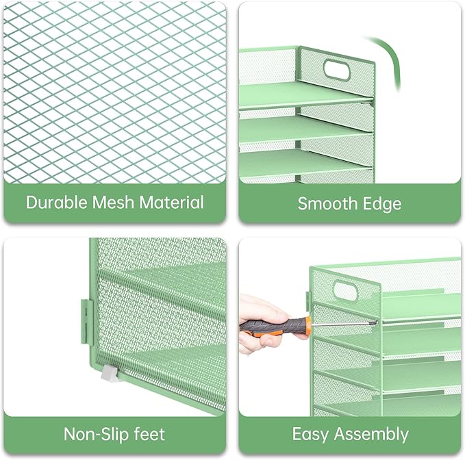 7 Tier Paper Organizer - Mesh Desktop File Holder with Handles for Office School Desk, Black (Mint green)