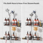 Shower Caddy Hanging with Door Hook - Split Design for Handheld Showerheads, Rustproof Over The Showerheads Bathroom Organizer with Hooks Soap and Toothbrush Holder, Bathroom Accessories Black