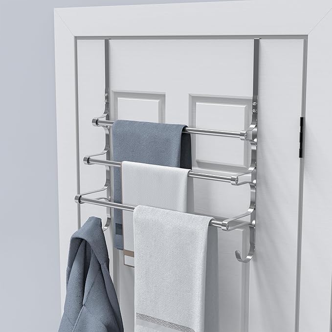 Over The Door Towel Rack, Over Door Towel Rack for Bathroom Door, Triple Towel Storage Holder with Hooks (Silver)