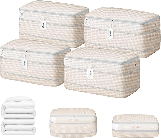 DIMJ Comforter Storage Bag - 100L Large Capacity Blanket Storage Compression Bags, Washable Space Saving Self Compression Organizer with Window Handles, Space Saver for Clothes, Bedding, Sheet