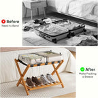 Fully Assembled Bamboo Luggage Racks, Foldable Suitcase Stand with 5 Nylon Straps, Luggage Stand with Shoe Shelf Ideal for Guest Room, Bedroom, Hotel, Honey Oak