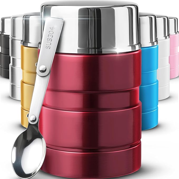 Earth&ME Stainless Steel Thermo For Hot Food 17OZ with Folding Spoon, Vacuum Insulated Food Container, Soup Thermo with Wide Mouth, Insulated Food Jar for Hot & Cold Food, Red