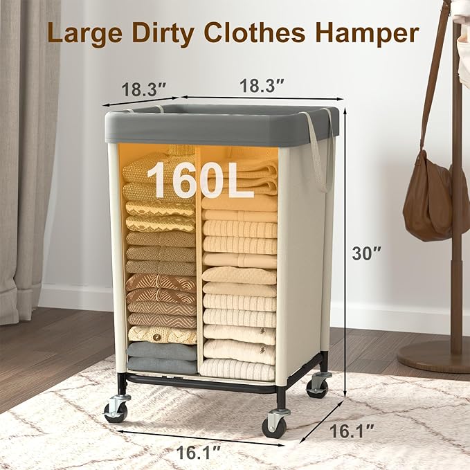WOWLIVE 160L Rolling Laundry Hamper with Wheels, Heavy Duty Laundry Basket, Large Laundry Cart with Steel Frame and Removable Bag, Dirty Clothes Hamper for Home, Closet, Dorm, Bathroom, Beige
