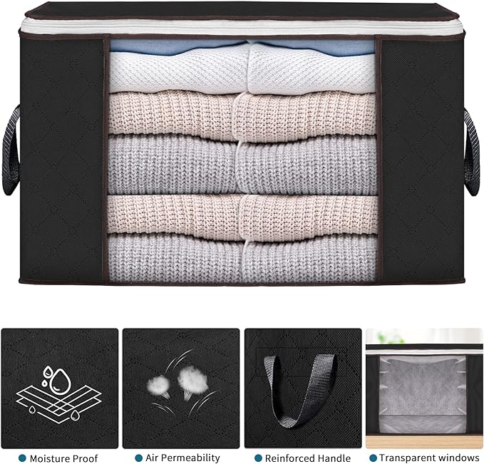 Large Storage Bags, 4 Pack Clothes Storage Bins Foldable Closet Organizers Storage Containers with Durable Handles Thick Fabric for Blanket Comforter Clothing Bedding 90 L (Black)