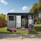 12' x 8' XL Outdoor Storage Shed, Sturdy Metal Building w/Floor and Operable Window for Garden, Backyard, Poolside and Lawn, Grey