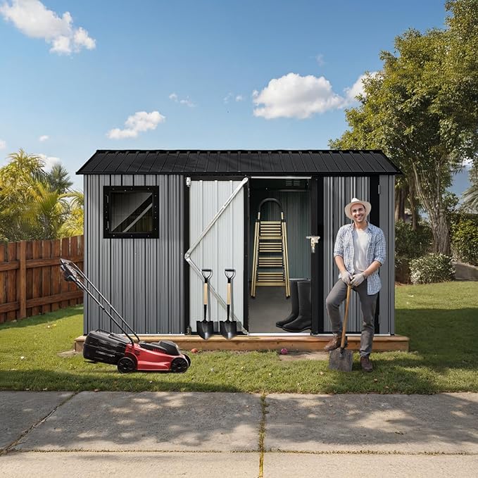 12' x 8' XL Outdoor Storage Shed, Sturdy Metal Building w/Floor and Operable Window for Garden, Backyard, Poolside and Lawn, Grey