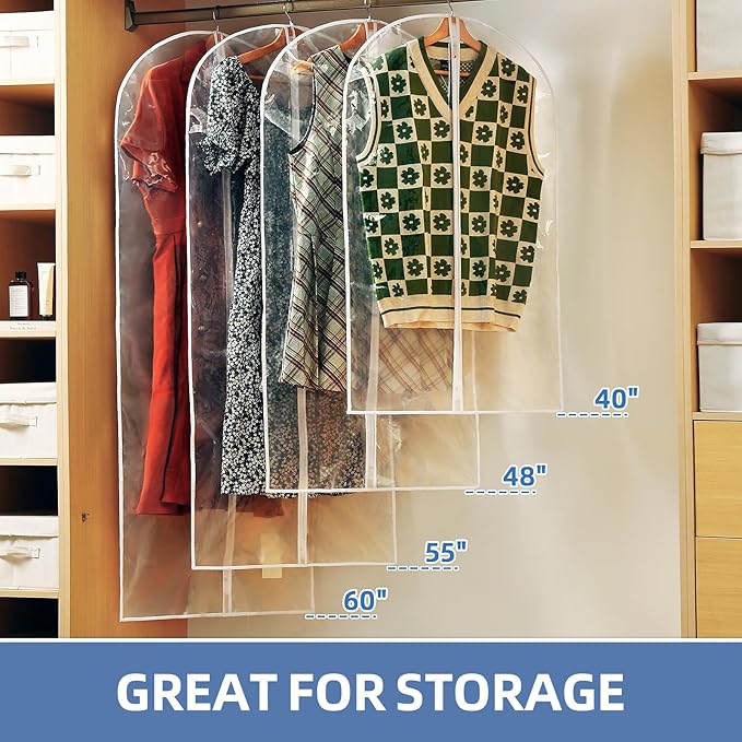 48" All Clear Garment Bags for Hanging Clothes, 12 Packs Suit Bags for Closet Storage, Plastic Waterproof Suit Cover Bags with Zipper for Coats, Jackets, Shirts (Set of 12)