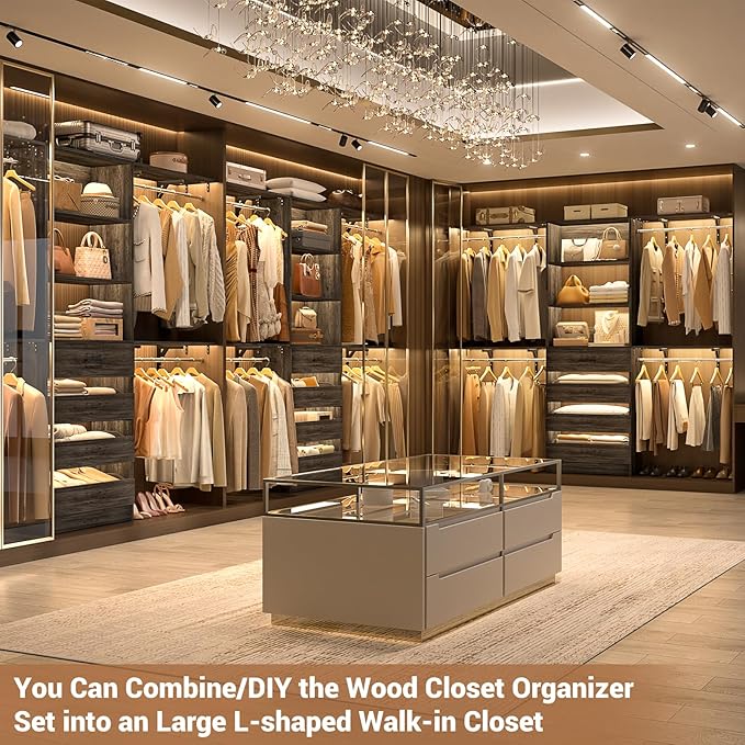Aheaplus Closet System with 4 Drawers, 8FT Wood Closet Organizer System, 96’’ Closet Built In System Tower with Shelves, Walk-in Closet Wardrobe Clothes Garment Rack, Fits Spaces 4-9 ft, Black Oak