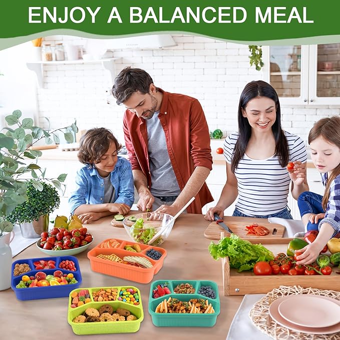 8 Pack Bento Box Lunch Box Container for Adult Kid, 4 Compartment Meal Prep Containers with Lids, Reusable Bento Box Snack Container, Microwave & Dishwasher Safe