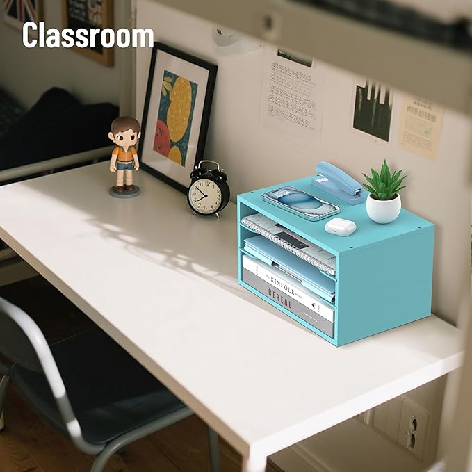 Wood Desk Organizer, 3 Tier Paper Tray Organizer for Desk with Adjustable Storage Shelves, Desktop File Organization Paper Sorter Mail Holder for Office Home Classroom, Blue