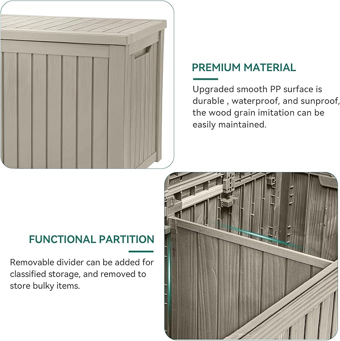 YITAHOME 180 Gallon Large Outdoor Storage XL Deck Box w/Divider for Patio Furniture,Outdoor Cushions, Garden Tools, Sports Equipment and Pool Supplies, Waterproof, Resin, Lockable, Taupe