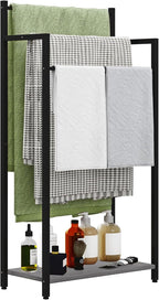 Freestanding Towel Rack, 3 Tier Blanket Ladder Stand with Oak Grey Wooden Shelf for Bathroom Living Room (31.5”H x 16.9”W x7.9”D)