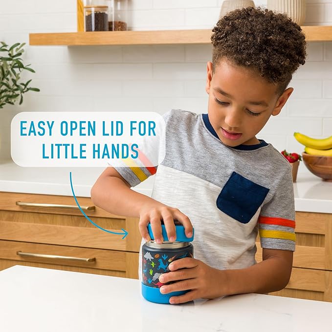 Bentgo Kids Stainless Steel Food Jar - 11oz Leak-Proof Double Insulated Hot or Cold Food Container with Removable Silicone Bumper, Dishwasher Safe, Easy Open Lid, Ages 3+ (Dinosaur)