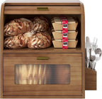 TQVAI Roll Top Bread Box for Kitchen Countertop, Keep Fresh Longer, Easy to Maintenance, Double Layer Vintage Wooden Breadbox with Window for Homemade Bread, Sandwich Loaves, Baked Goods (Retro Brown)
