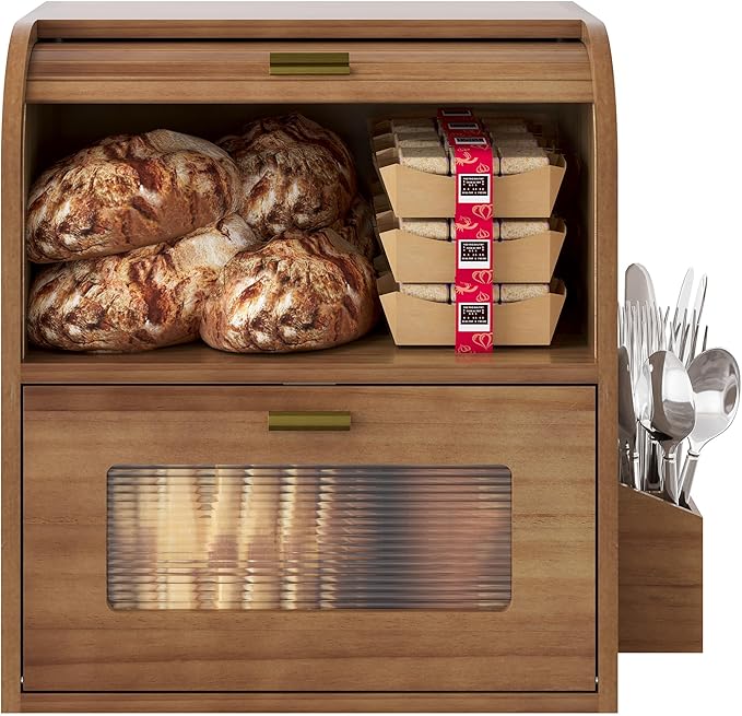 TQVAI Roll Top Bread Box for Kitchen Countertop, Keep Fresh Longer, Easy to Maintenance, Double Layer Vintage Wooden Breadbox with Window for Homemade Bread, Sandwich Loaves, Baked Goods (Retro Brown)