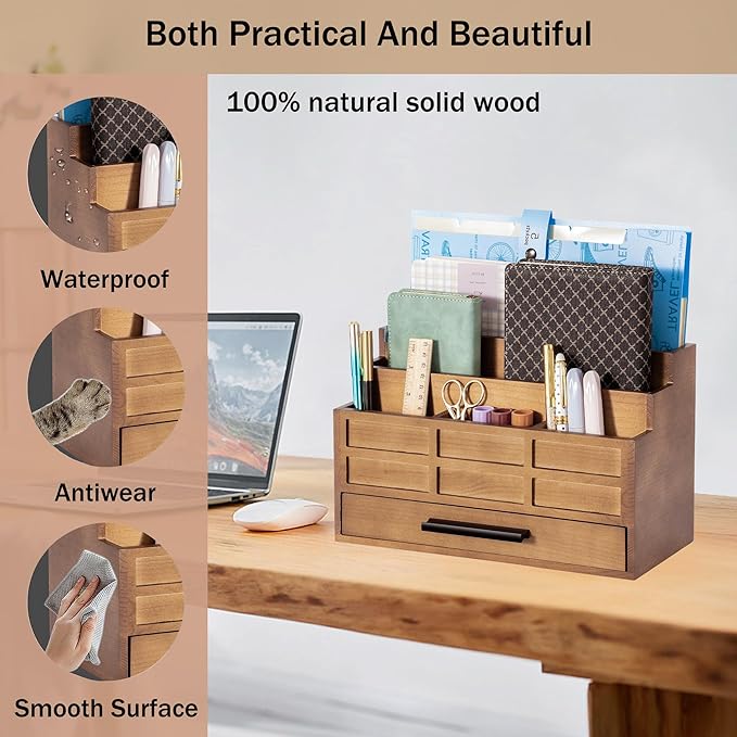 Brown Wood Desk Organizer and Accessories with Drawer, Bill Mail Organizer and File Mail Holder for Office Supplies, Rustic Desk Accessories & Workspace Organizers