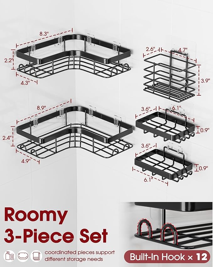 Corner Shower Caddy - 5-Pack Shower Organizer with Soap Holder & Toothbrush Holder, Rustproof Metal Shower Shelves, Laundry, Kitchen, Bathroom Organizers and Storage Solution, Large, Black