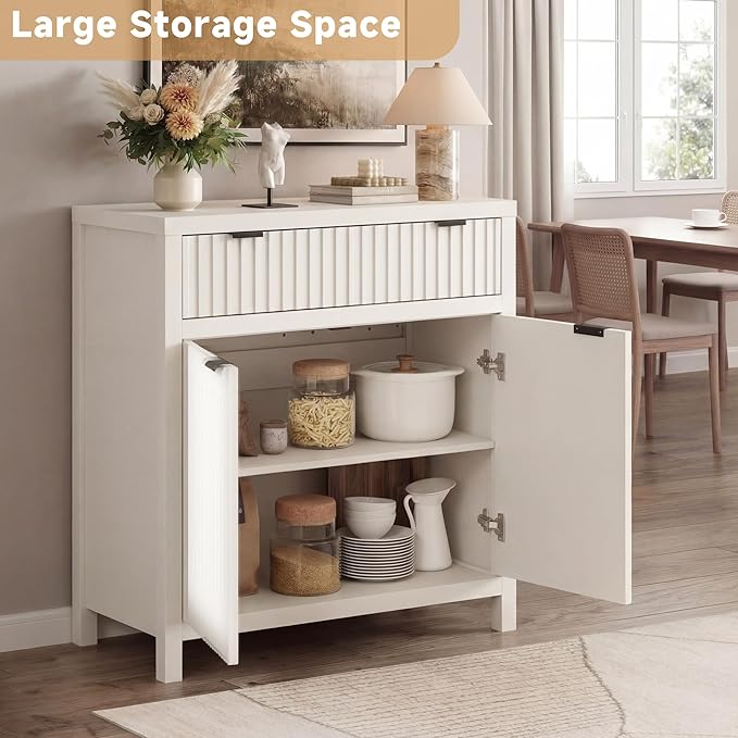 FLOWBACK Buffet Cabinet with Storage,Modern Credenza with Fluted Doors & Shelves Coffee Bar Media Console Accent Cabinets for Living Room, Entryway (White, 2 Door + 1 Drawer(2 Piece))