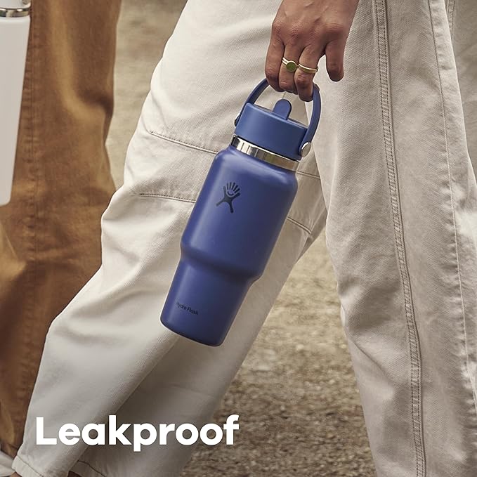 Hydro Flask Travel Water Bottle - Insulated Stainless Steel - Wide Straw Lid, Non Spill, Leakproof in 24 Oz Capri Blue
