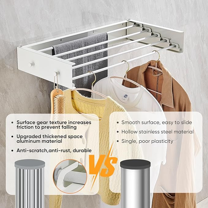 Clothes Drying Rack 31.5 inches Foldable Wall Mount Laundry Rack Folding Indoor Drying Rack Clothing Collapsible Hidden Space Saver with Wall Template 5 Rods White