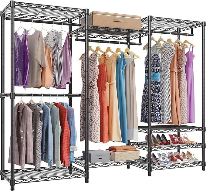 VIPEK V5 Portable Closet Wardrobe Heavy Duty Clothes Rack, Freestanding Clothing Rack with 4 Hang Rods & 8 Shelves, Adjustable Closet Racks, 68.9" L x 15.7" W x 76.4" H, Max Load 890LBS, Black
