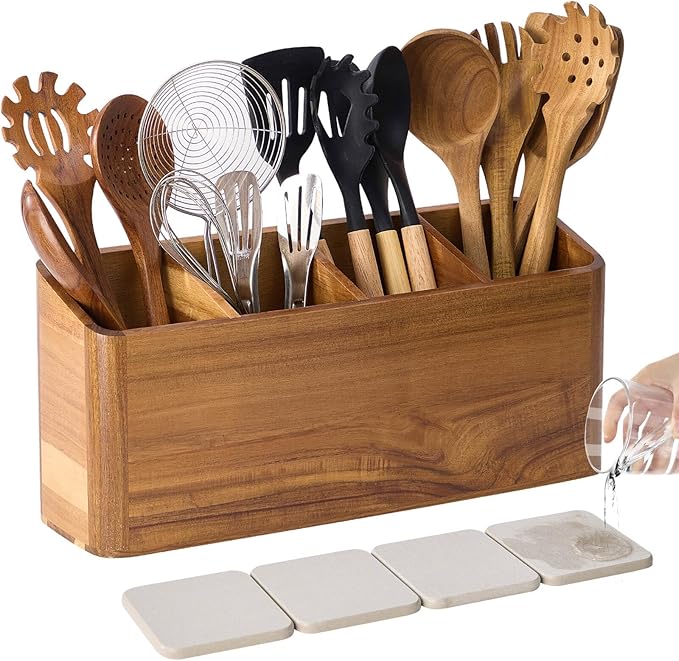 Wooden Utensil Holder for Kitchen Counter, Acacia Wood Kitchen Utensil Holder for Countertop with 4 Compartment, Cooking Utensil Organizer, Silverware Caddy (Acacia Wood, 4Compartment)
