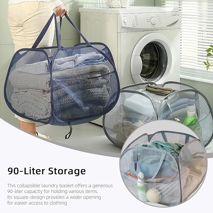 Collapsible Laundry Basket 90L, Foldable Mesh Pop-up Laundry Hamper with Handles, Dirty Clothes Hamper for Laundry with Side Storage Pocket (Black)