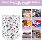 Large Foldable Laundry Basket Organizer Holder portable tall collapsible laundry hamper nusery Storage Basket Bin with Handles Canvas & Waterproof lining for Household Items (Floral Purple)
