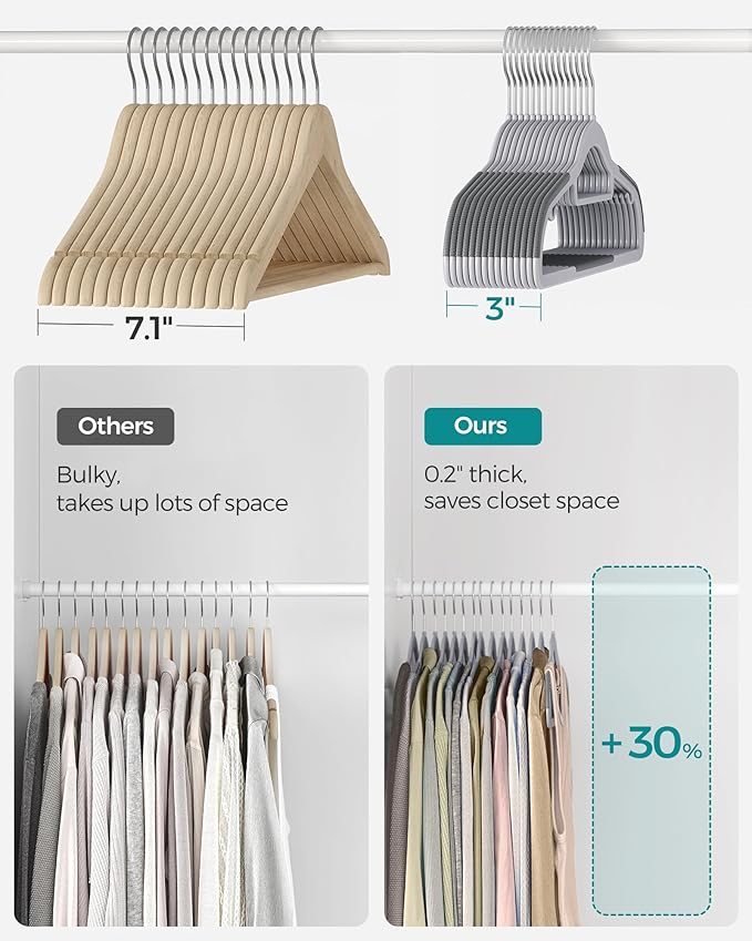SONGMICS Pack of 50 Coat Hangers, Space-Saving Plastic Clothes Hangers, Non-Slip, 0.2 Inches Slim, 16.5 Inches Wide, 360° Swivel Silver Hook, Light Gray and Dark Gray UCRP20G50