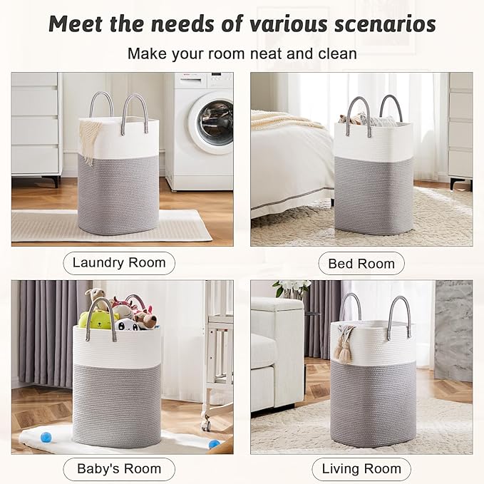 Laundry Basket,Woven Cotton Rope Laundry Hamper,Versatile Storage for Dirty Clothes,Baby Toys,and Blankets in Bathroom, Nursery,and Living Room (Grey, 100L)