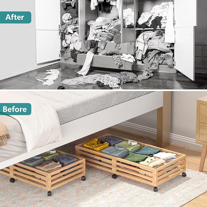 Bamboo Under Bed Storage Containers- Underbed Organizer with Wheels with Large Capacity Dust Bag,Sturdy Wood Rolling Under Bed Shoe Storage Organizer 2 Packs (Nature, 2 Packs (33.07"×16.54"))
