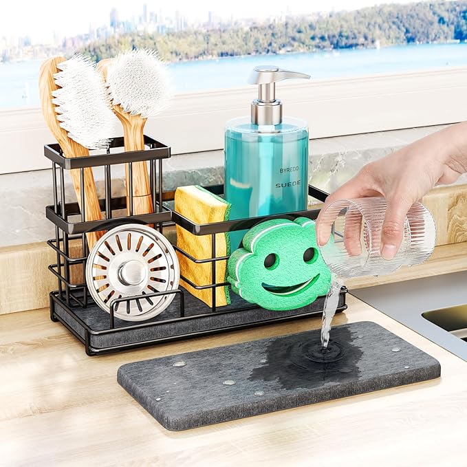 SWTYMIKI Kitchen Sink Caddy Organizer, Quick Dry Smiley Face Sponge Holder with Instant Drying Stone, Large Rustproof Sink Organizer for Kitchen Countertop Organization, Black