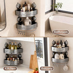 Corner Shower Caddy Bathroom Organizer,2-Packed Gray No-Drilling Aluminum Suction Cup Corner Shower Shelf with Towel Bar and Hooks,Moder Wall Shower Organizer and Storage Decor