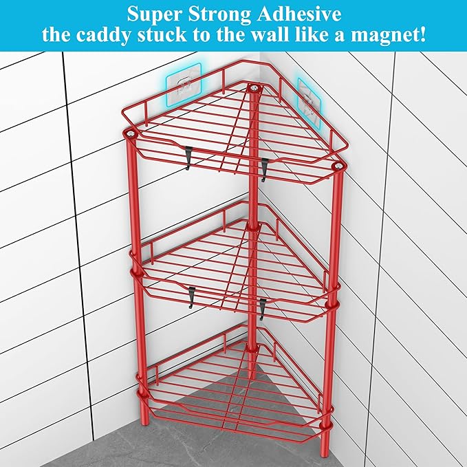 3 Tier Floor Standing Corner Shower Caddy Organizer Shelf with Hooks, Bathroom Shelves Stand Rack, Red