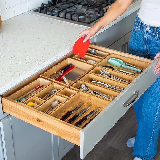 Grow Forward Bamboo Drawer Organizer Boxes - Set of 14 Wooden Drawer Organizers for Kitchen, Bathroom, Office, Desk, Vanity, Makeup - Non-Slip Junk Drawer Organizer Trays for Storage and Organization