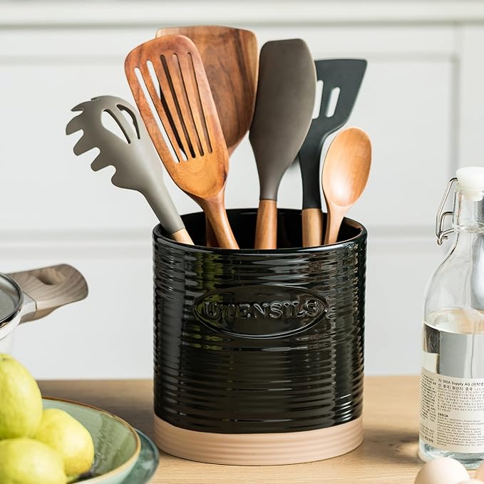 YHOSSEUN Black Utensil Holder, Ceramic Utensil Holder for Kitchen Counter, 6.7" Halloween Utensil Crock for Kitchen Tools Utensil Caddy, Oval Shape