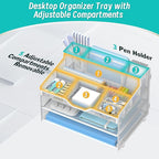 3 Tier Mesh Desk Organizer,Multi Functional Letter Paper Tray with 3 Pen Holders and 5 Adjustable Storage Compartments for Office Supplies Files and Mail Space Saving Desktop Organizer-White