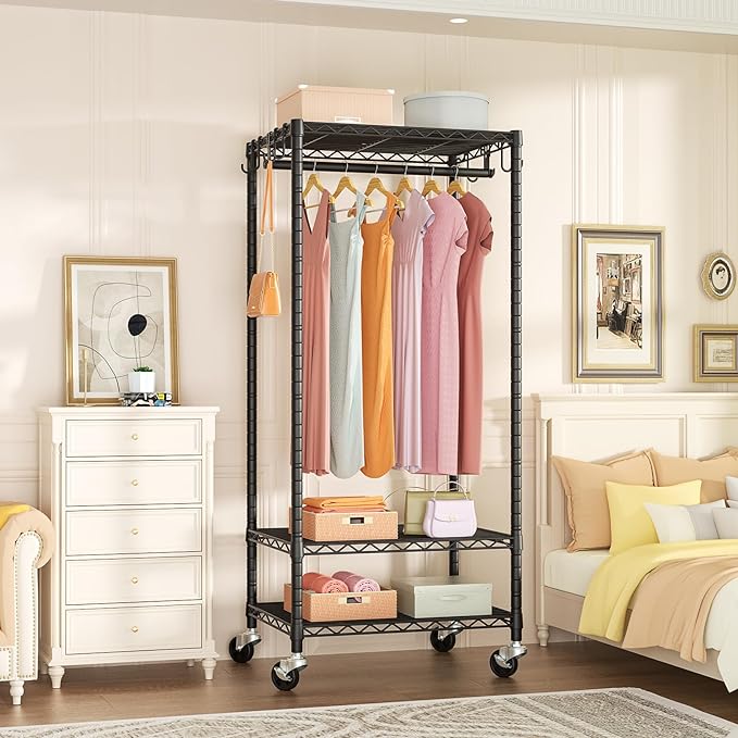 FUTASSI P6 Mini Rolling Clothes Rack Heavy Duty, Clothing Racks for Hanging Clothes, Freestanding Garment Rack with Wheels, Portable Closet Rack Max Load 360LBS, 23.6''W x 14''D x 74.6''H, Black