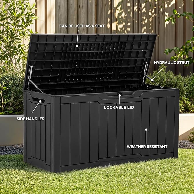 YITAHOME 80-Gallon Waterproof Resin Outdoor Storage Box, Lockable Storage Container for Outdoor Furniture, Cushion Storage, Pool Accessories, Garden Tools and Sporting Gear, Black