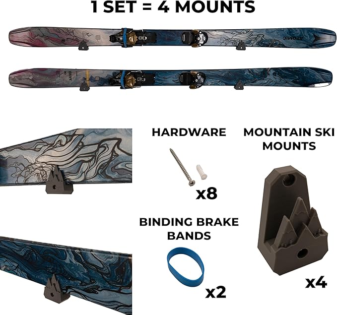 Horizontal Wall Ski Holder – Space-Saving Ski Wall Mount for Garage & Home Storage | Holds 1 Pair of Skis | Mountain, Snowflake & No Design Styles (Gray, Snowflake | Without Gear Hook)