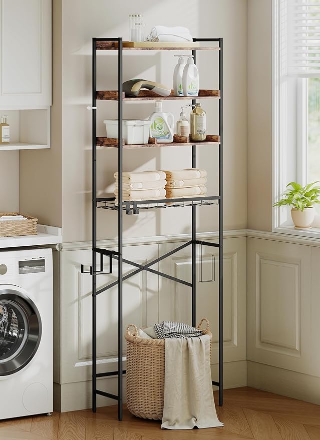 4 Tier Over The Toilet Storage Shelf with 3 Adjustable Shelves, Space Saver Bathroom Organizer with 4 Hooks, Freestanding Above Toilet Rack for Restroom Laundry (Brown)