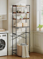 4 Tier Over The Toilet Storage Shelf with 3 Adjustable Shelves, Space Saver Bathroom Organizer with 4 Hooks, Freestanding Above Toilet Rack for Restroom Laundry (Brown)