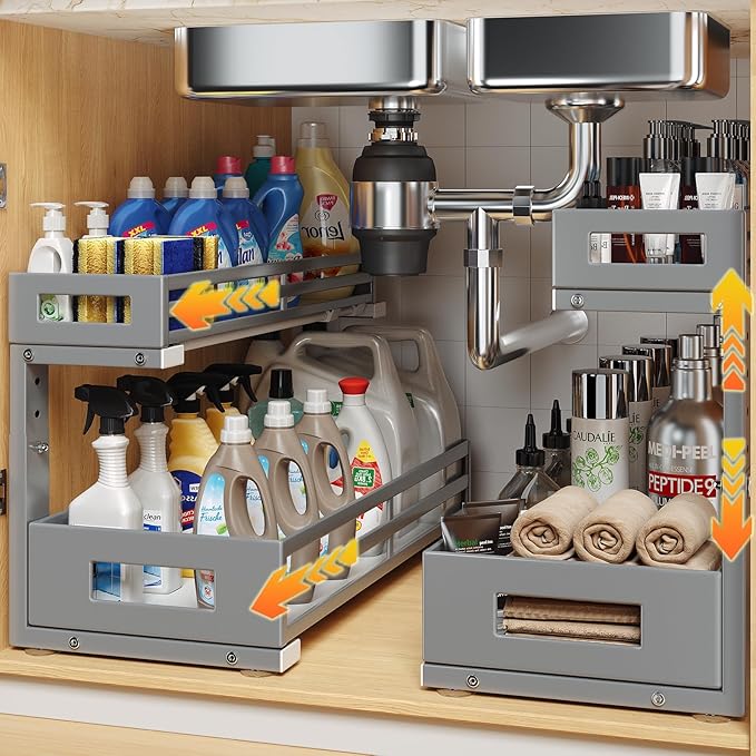 2-Pack 19"Deep Under Sink Organizer And Storage, 2-Tier L-Shaped Pull Out Cabinet Organizer with Upgraded Slide Rails, Height Adjustable Drawers for Kitchen&Bathroom, Extra-Large Storage Shelves–Gray